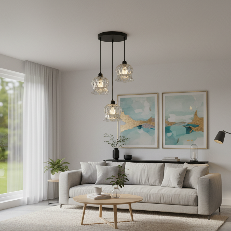 Modern living room with a gray sofa, coffee table, and abstract art on the wall.