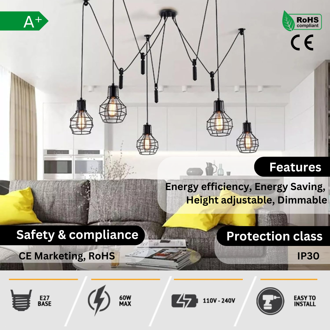 Modern pendant lights hanging above a living room with features and compliance details displayed.