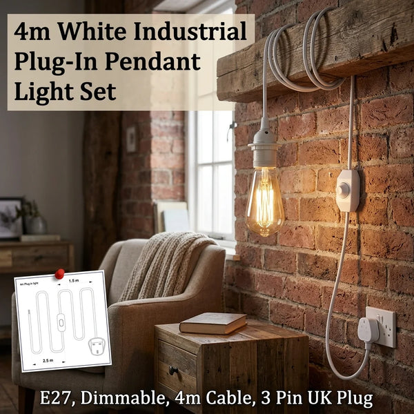 4m White  Plug In Pendant Lamp with Dimmer Light Set E27 Fitting ~ 6043 – Yes