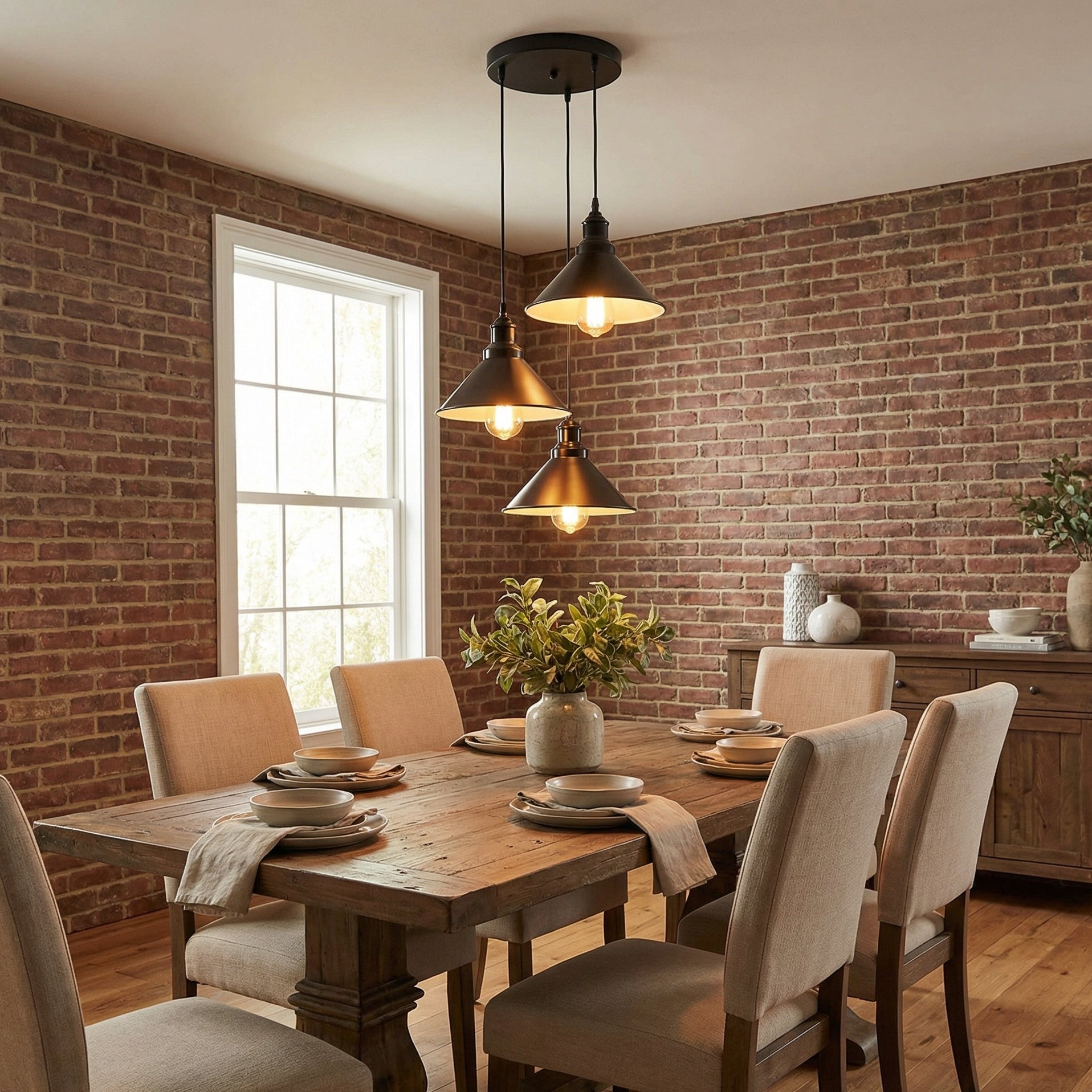 Dining room with wooden table, chairs, and brick wall.