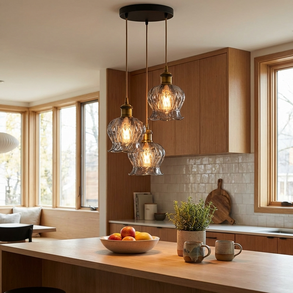 Industrial Ribbed Glass Globe Pendant Lights | kitchen island ~6513
