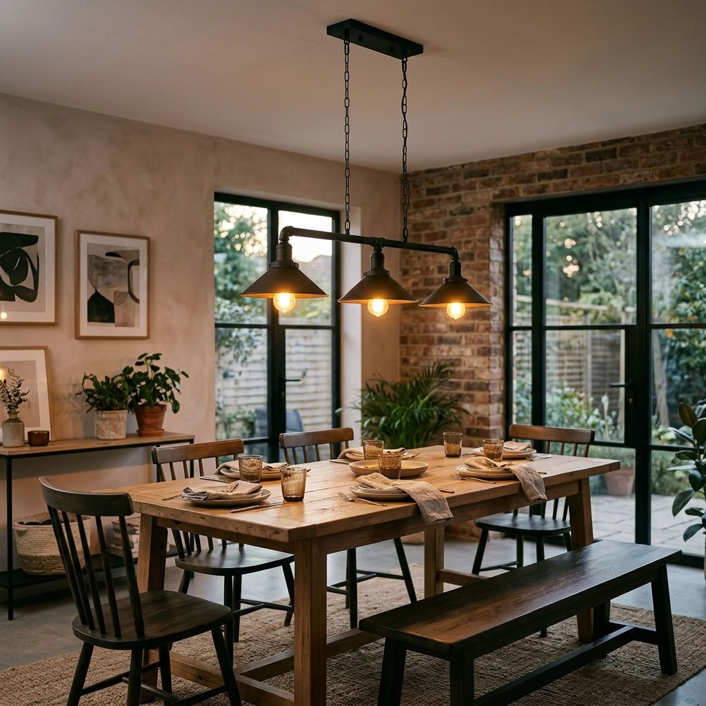 A rustic dining room scene with a wooden dining table, matching chairs, a bench, and a black multi-light pendant chandelier hanging above. The room has warm beige walls, a brick accent wall, large black-framed windows, and plants throughout.
Customer review image