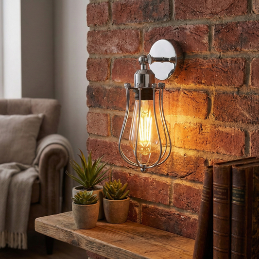 Wall-mounted light fixture with a cozy living room setting.