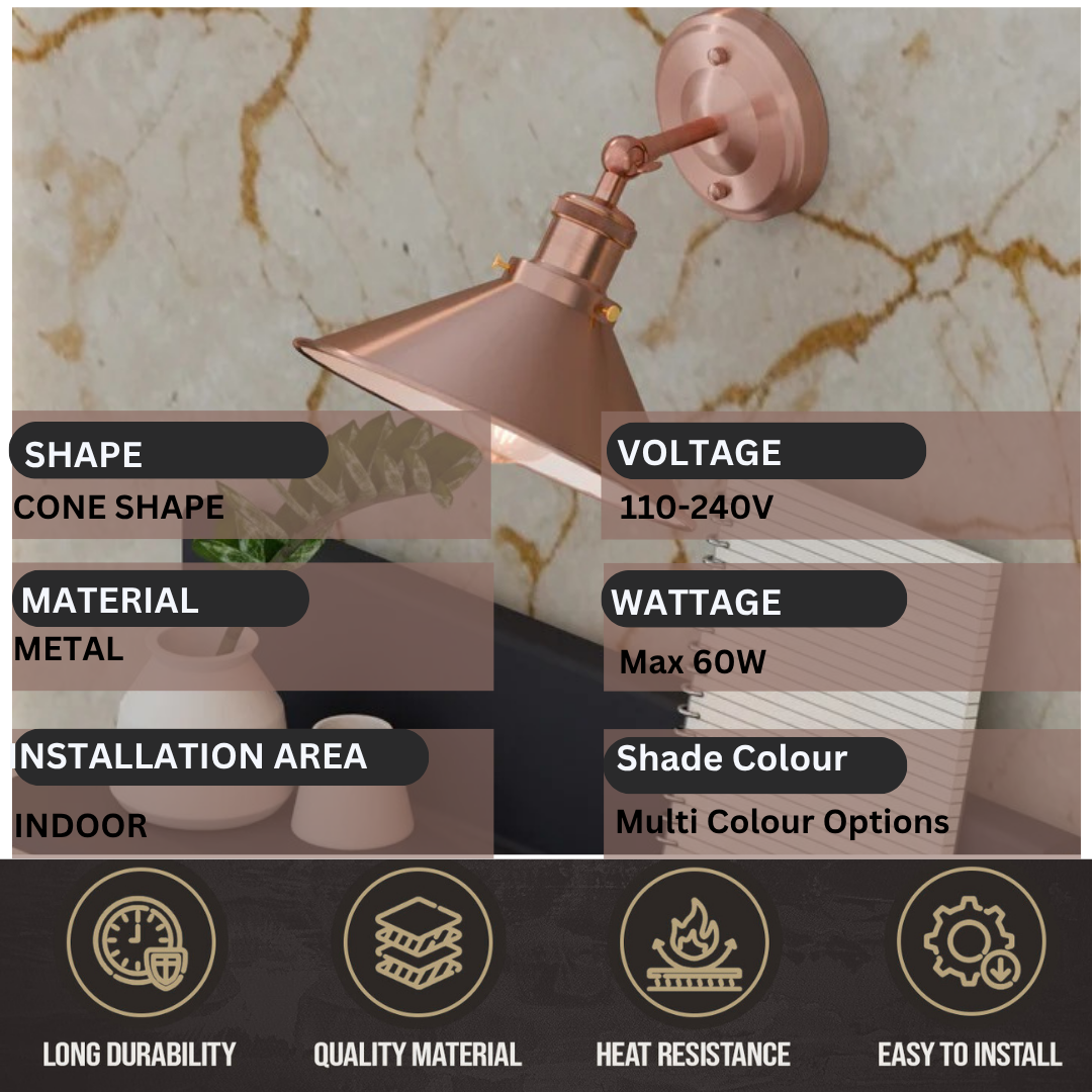 industrial metal wall sconce with an adjustable arm and cone shade, overlaid with specifications 