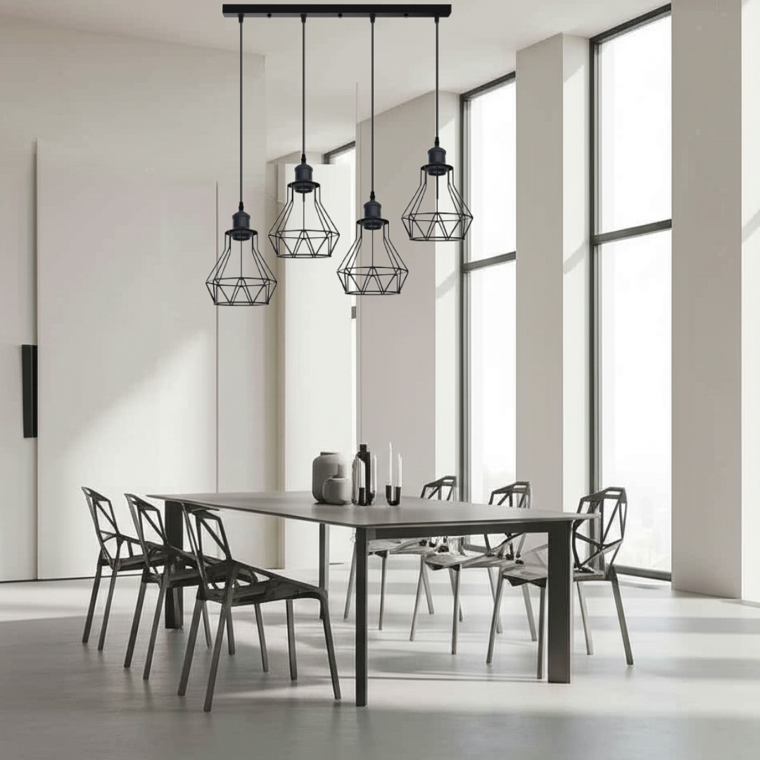 An industrial black wire cage lampshade pendant light fitting with wire cage and ceiling rose.