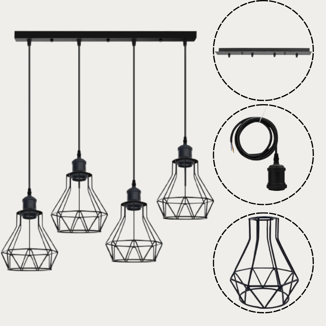 An industrial pendant ceiling light featuring four black wire cage lampshades shown with an exploded view.