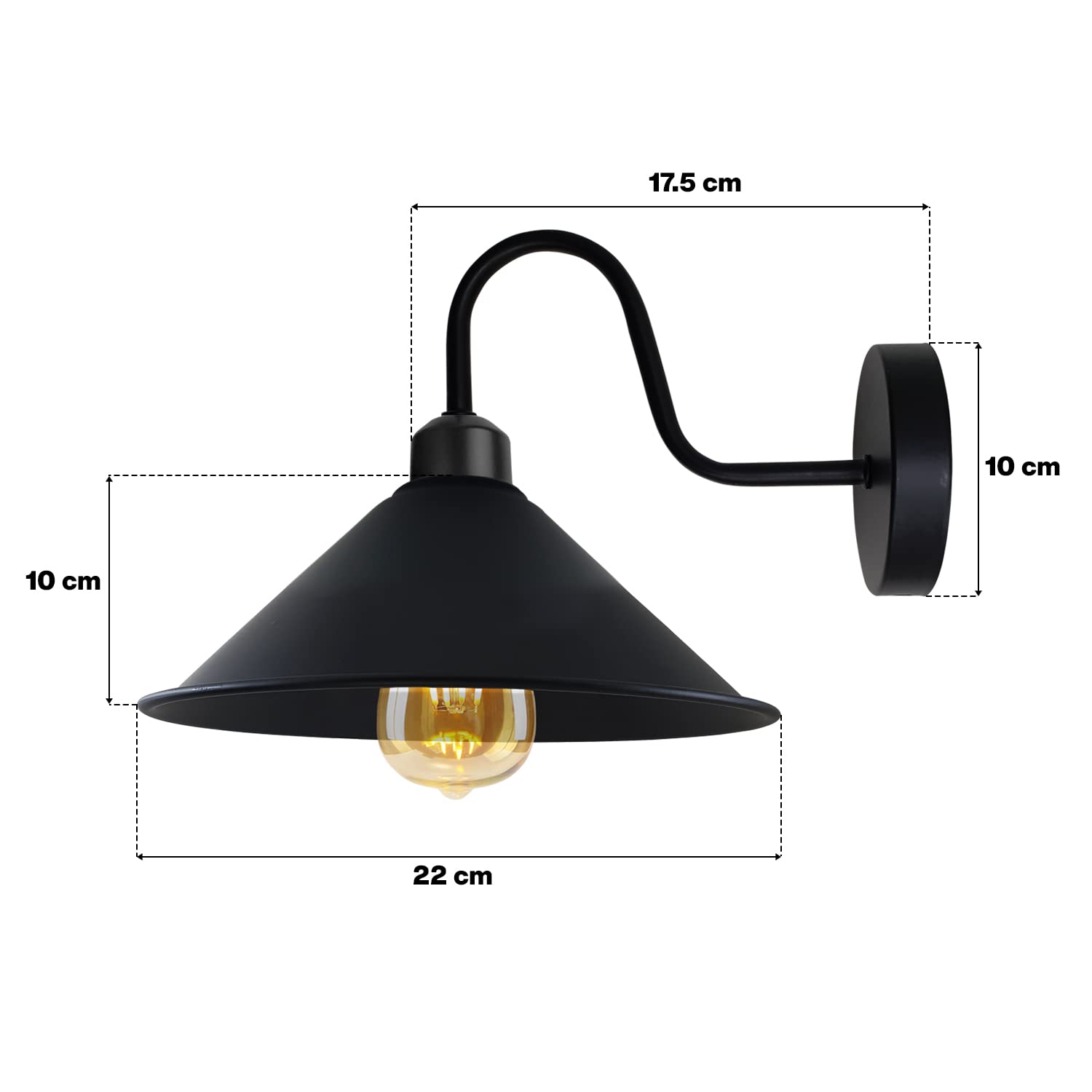 Industrial orange wall light featuring a black swan neck arm and 22cm gloss cone shade