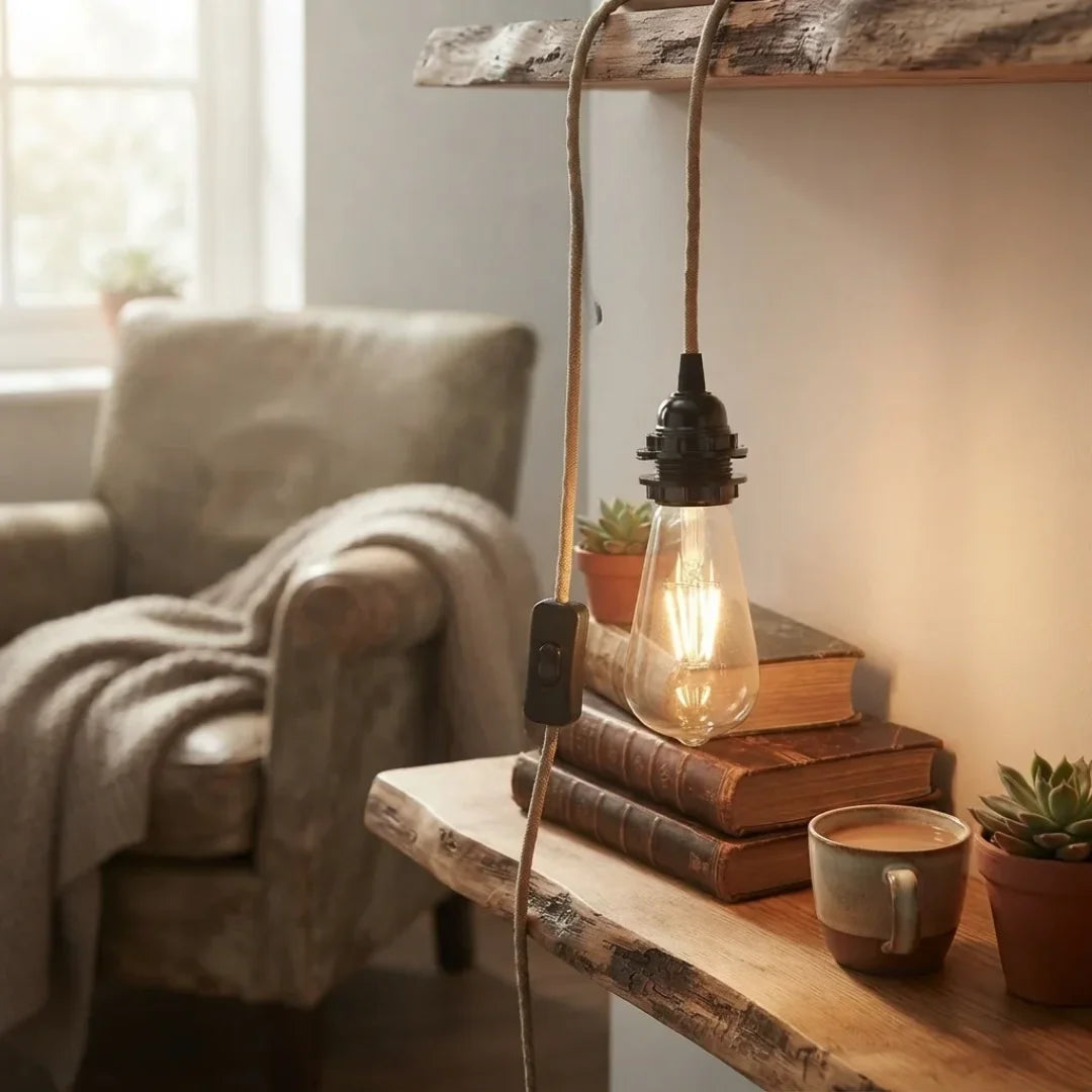 A rustic industrial-style pendant light with a warm glowing Edison bulb, hanging from a wooden shelf in a cozy living room setting with a chair and books in the background.