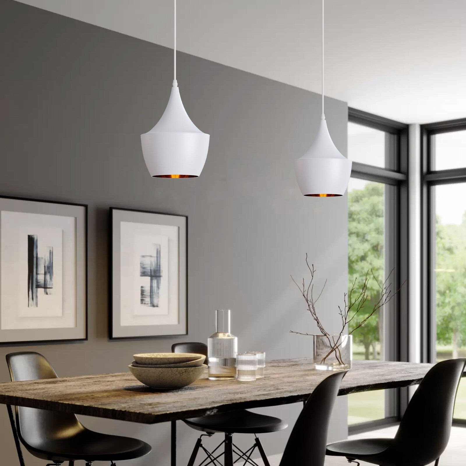 white pendant lights.