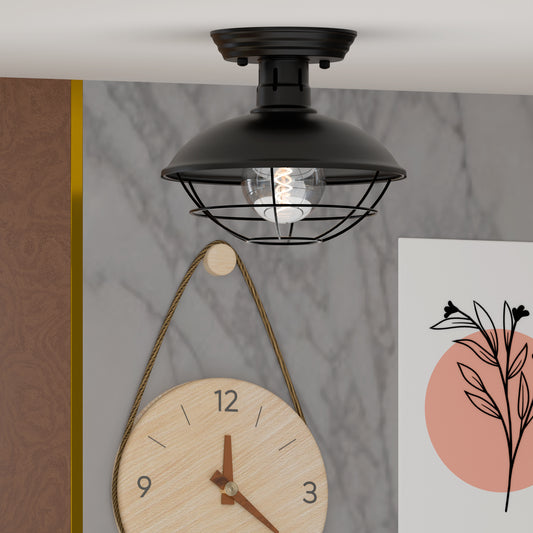 Semi-plafondlamp met metalen kooi, rustieke montage, ~5951