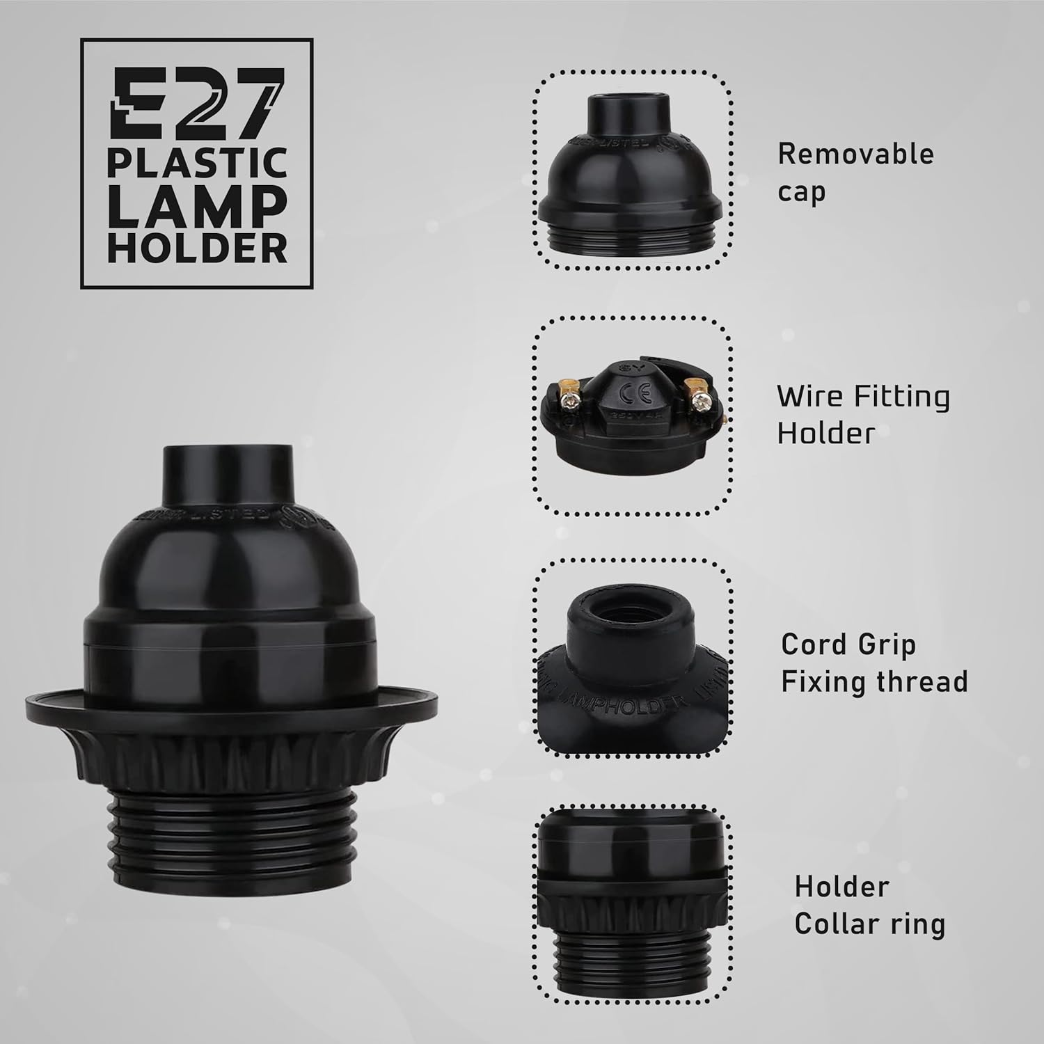 Plain black Bakelite E27 screw light bulb holder with a ring Black Bakelite E27 bulb holder with dimensions and a ring Black Bakelite light bulb holder with an E27 bulb installed