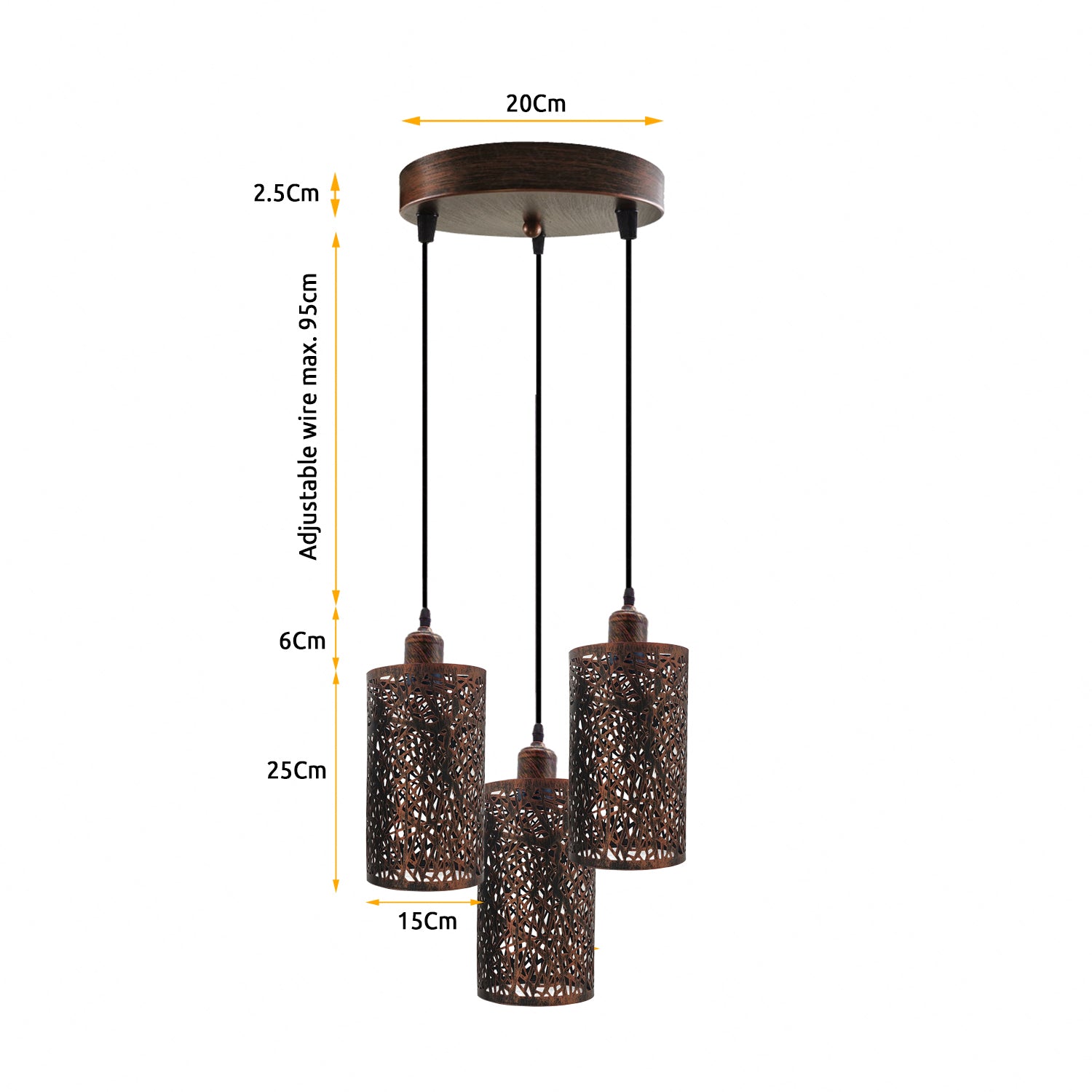 Measurement chart of a pendant light fixture with dimensions labeled.