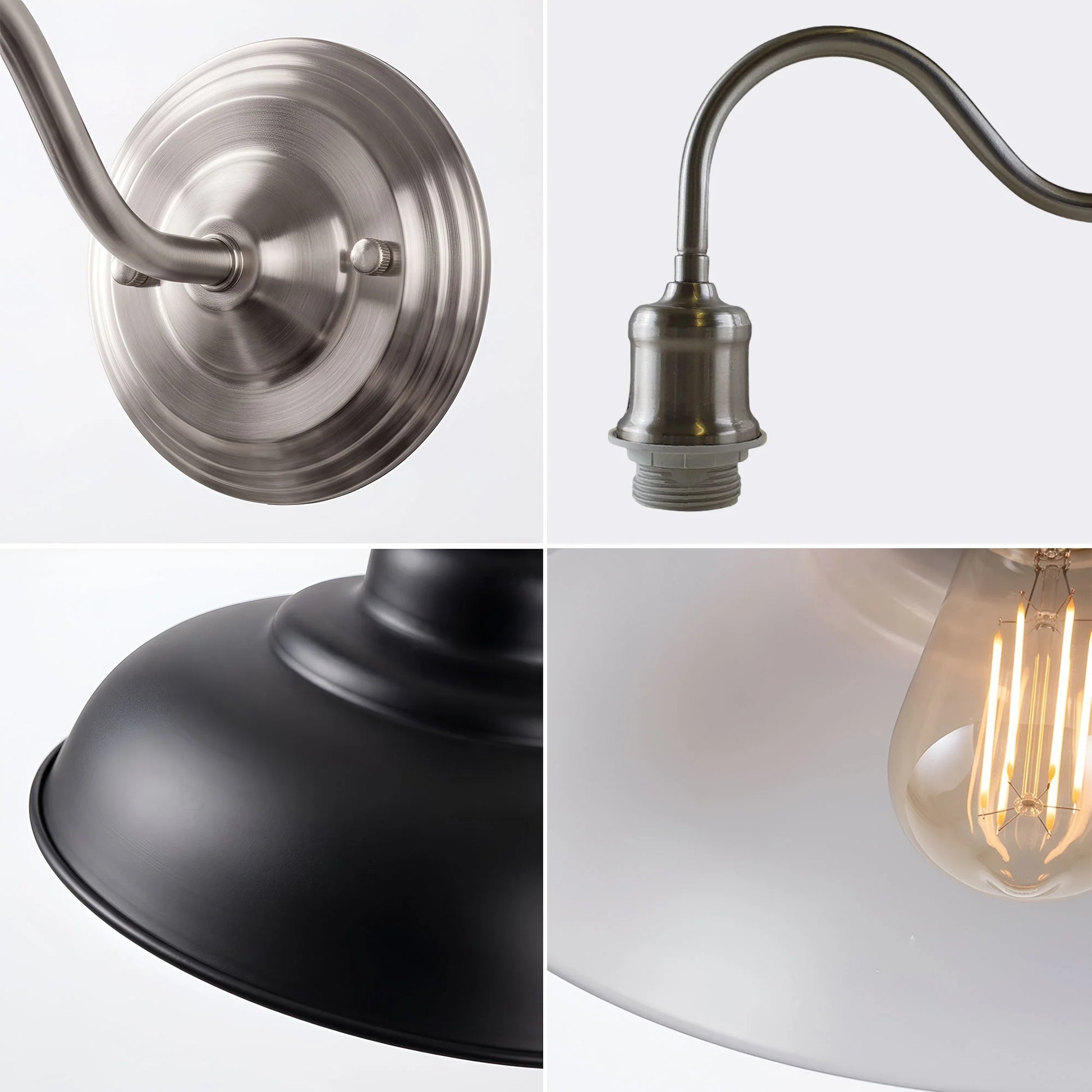 A four-panel close-up collage of a wall sconce light fixture, showing the brushed metal wall plate and curved arm, the metal socket and cord, a close-up of the black dome shade, and the illuminated bulb inside a white shade.