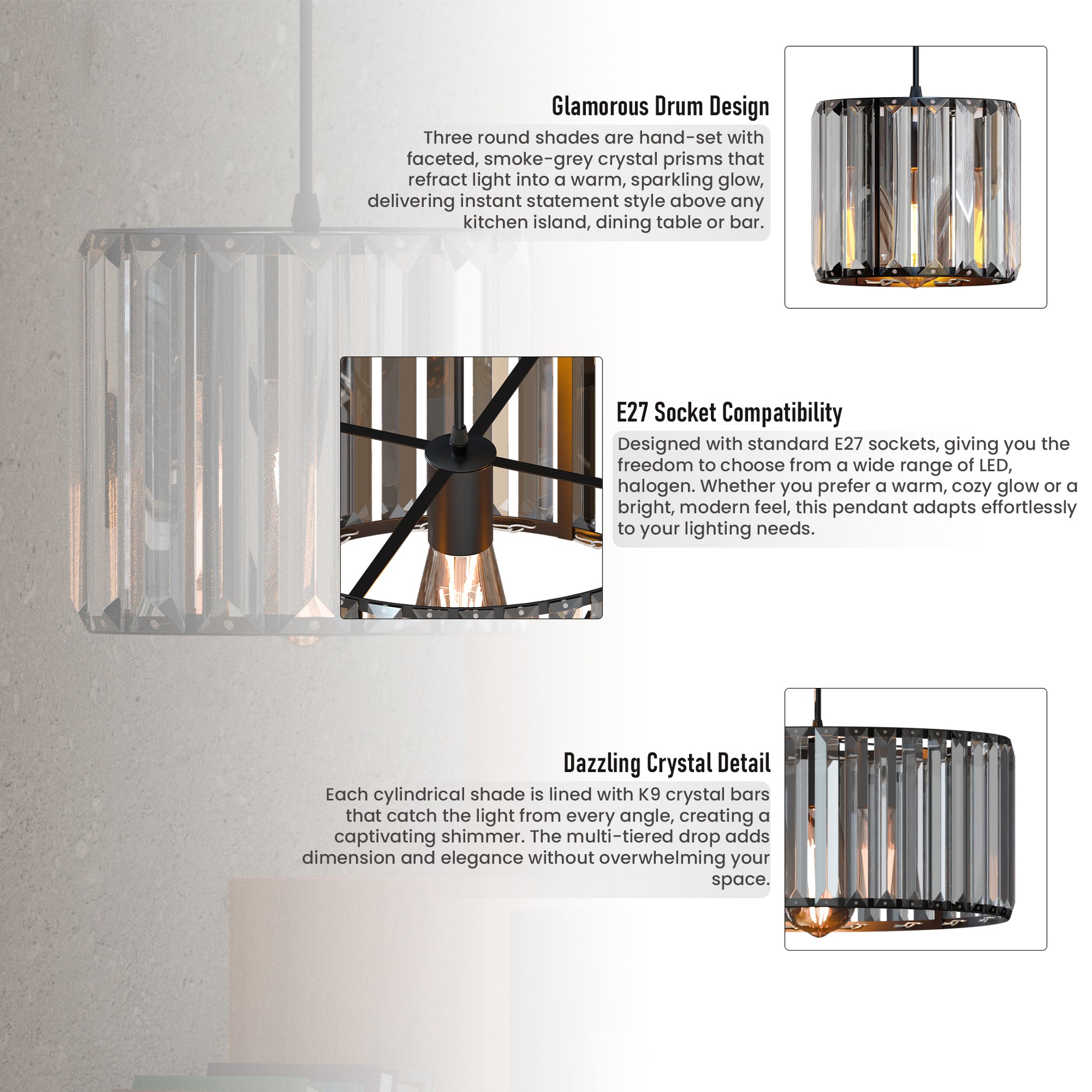 Glamorous drum shade pendant light with crystal detailing on a white background