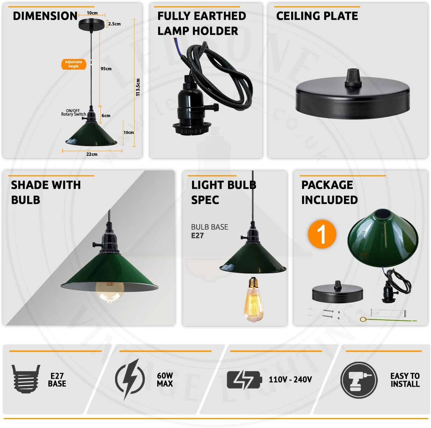Product details of a pendant light with specifications and components.