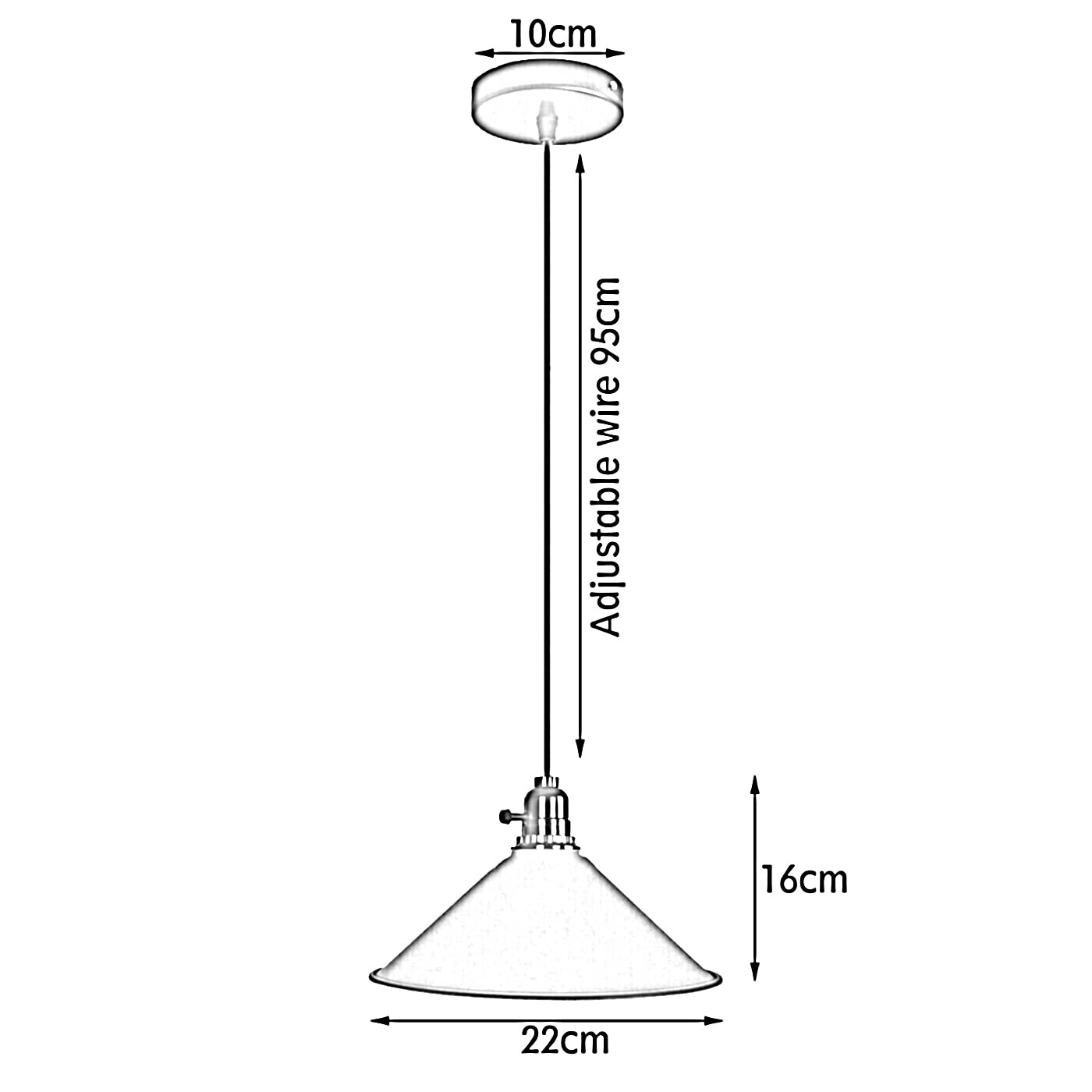 Diagram of a pendant light with measurements on a white background