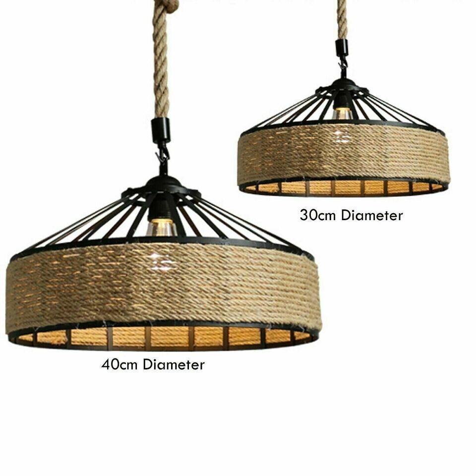 Rustic pendant light with natural hemp rope and 40 cm wide shade for farmhouse décor.