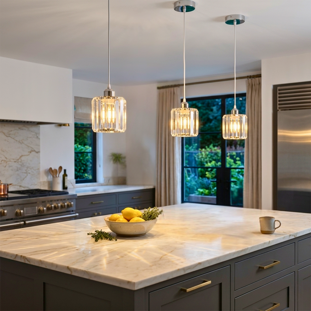 Modern kitchen with marble island, pendant lights, and a view of greenery outside.
