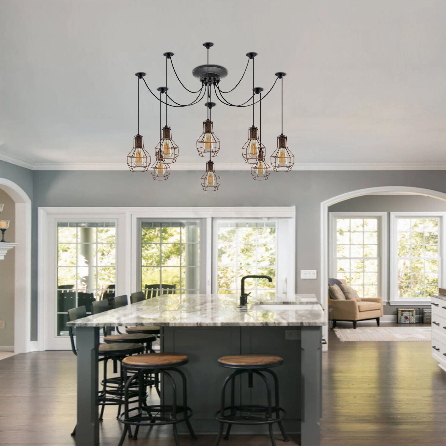 Multi-arm spider light pendant for high ceilings