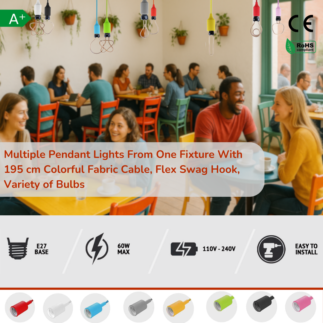 Multiple Pendant Lights From One Fixture With 195 cm Colorful Fabric Cable, Flex Swag Hook, Variety of Bulbs