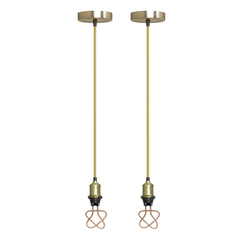 Vintage E27 Pendant Light Set | Green Brass Holder Gold Cable & LED Neon Bulb ~6427