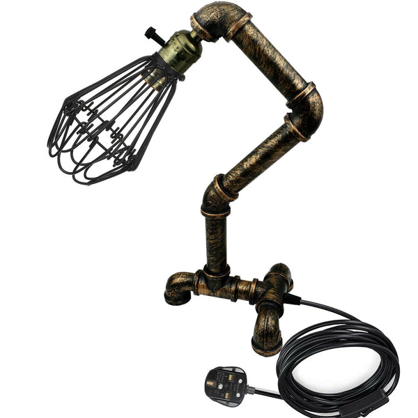 Steampunk Water Pipe Desk Lamp Retro Plugin Lighting ~6091 – Brushed Copper / No