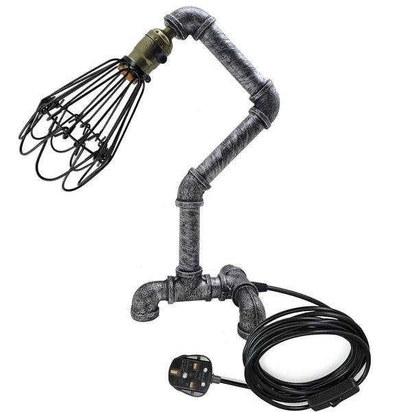 Steampunk Water Pipe Desk Lamp Retro Plugin Lighting ~6091 – Brushed Silver / No