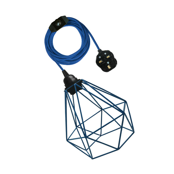 Vintage stoffen flexkabel plug-in hanglamp E27 fitting ~ 3395 – Blauw / Nee
