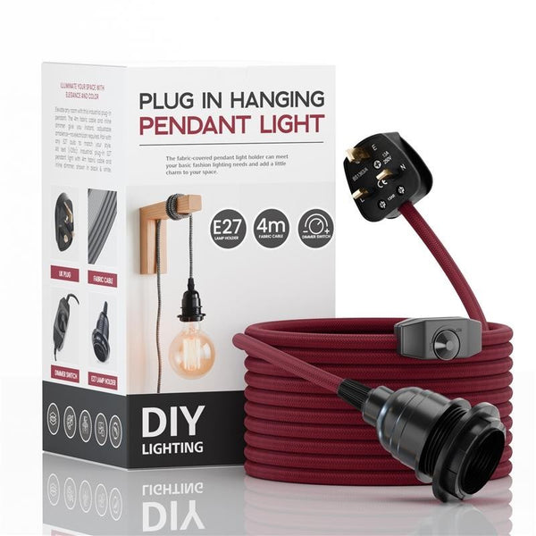 4m stoffen flexkabel UK Bourgondië kleur Plug-in hanglamp lichtset E27 lamphouder + schakelaar~3745