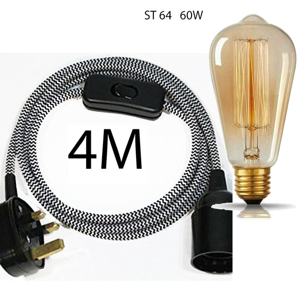 4m stoffen flexkabel plug-in hanglampset met lamphouder ~1497 – Zwart en wit / Ja