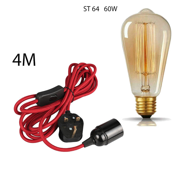4m stoffen flexkabel UK roségoudkleurige plug-in hanglampset E27-lamphouder + schakelaar ~ 3753 – Rood