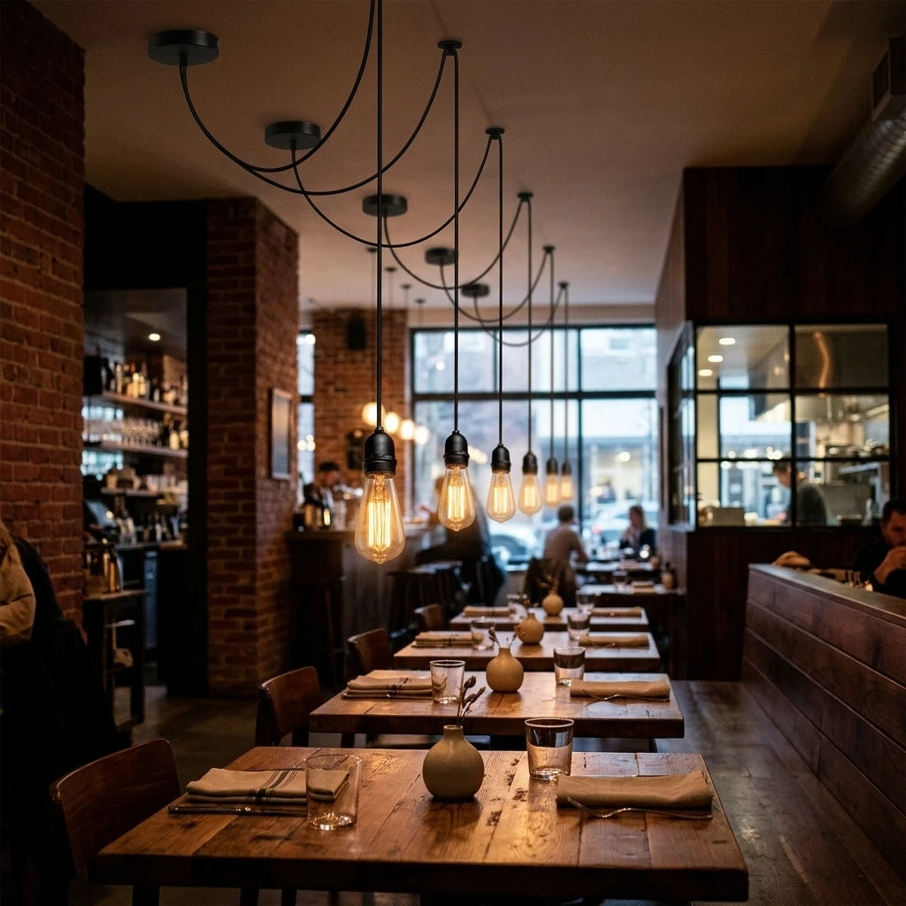 Dining area with wooden tables, chairs, and pendant lights in a restaurant setting.