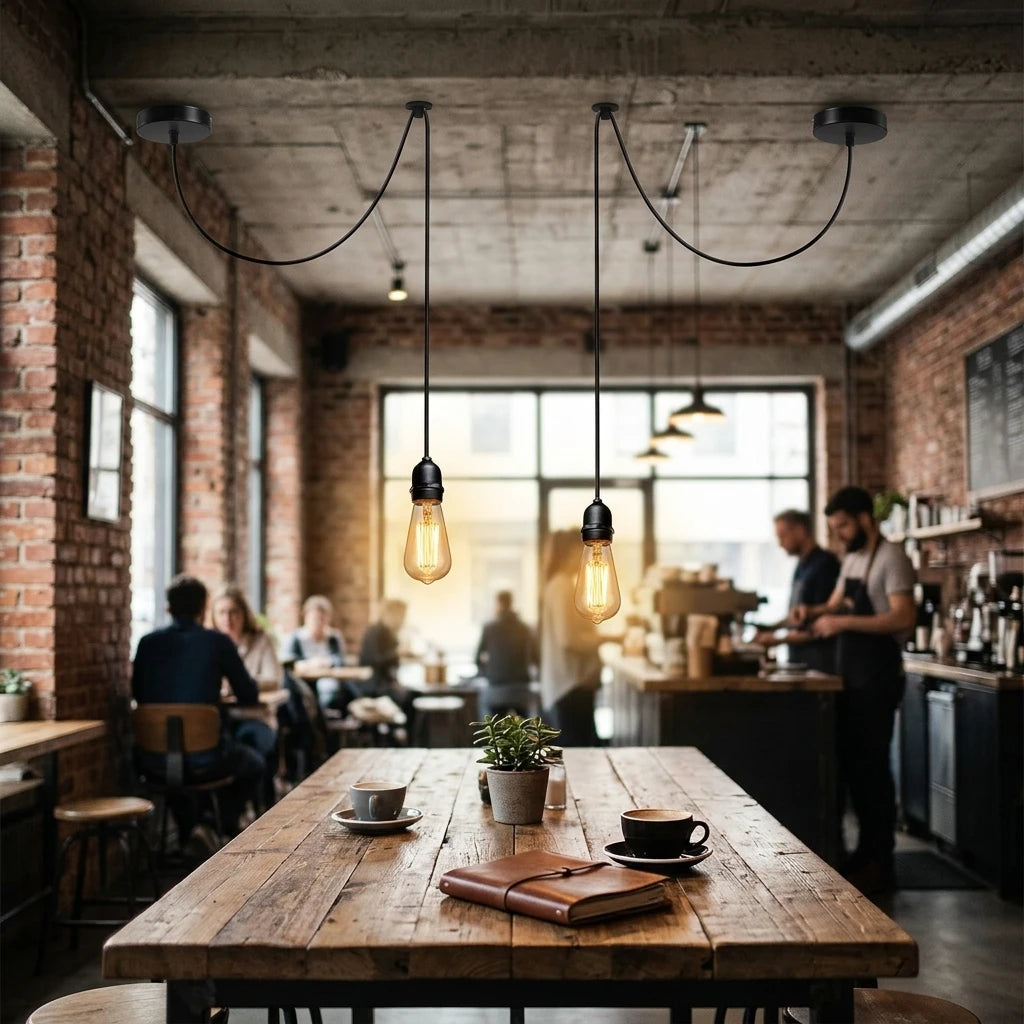 Cozy cafe interior with wooden tables, hanging lights, and people in the background.