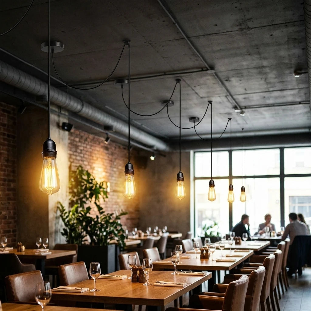 Modern restaurant interior with pendant lights and wooden tables.