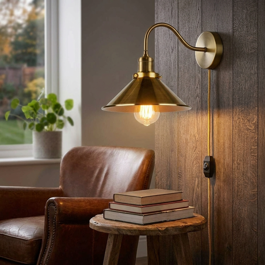 Gold wall-mounted lamp in a cozy room with a brown armchair and wooden table.