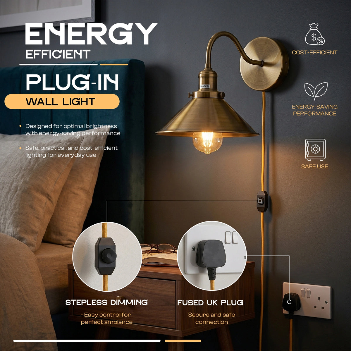 Wall-mounted light fixture with energy-efficient features highlighted in a room setting.