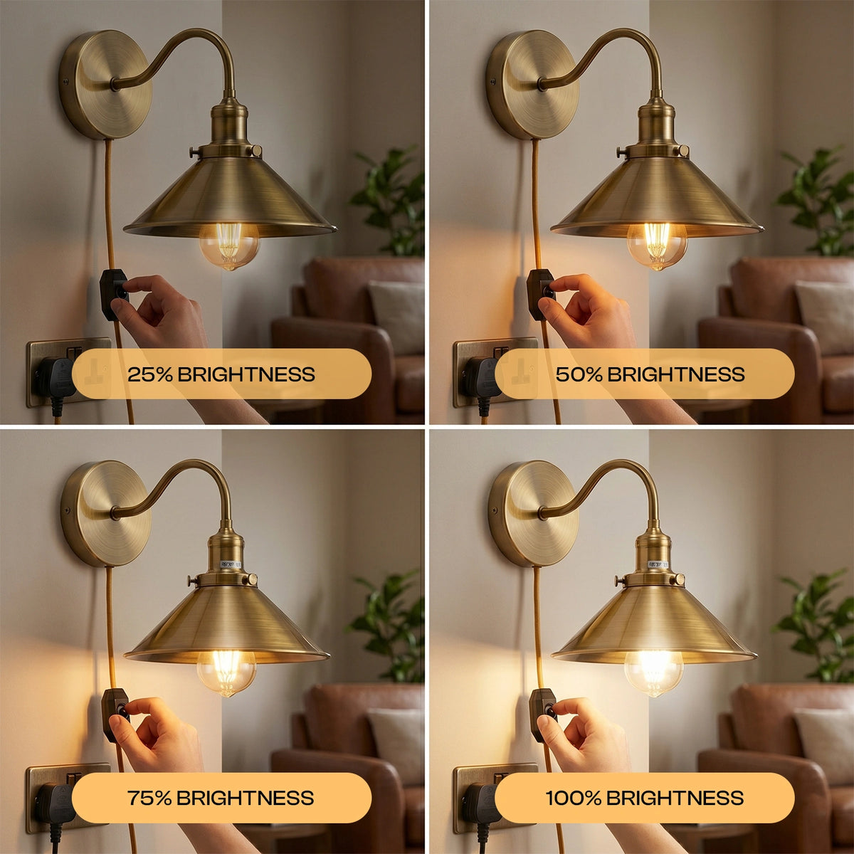 Wall-mounted brass lamp with brightness control labeled at 25%, 50%, 75%, and 100%.