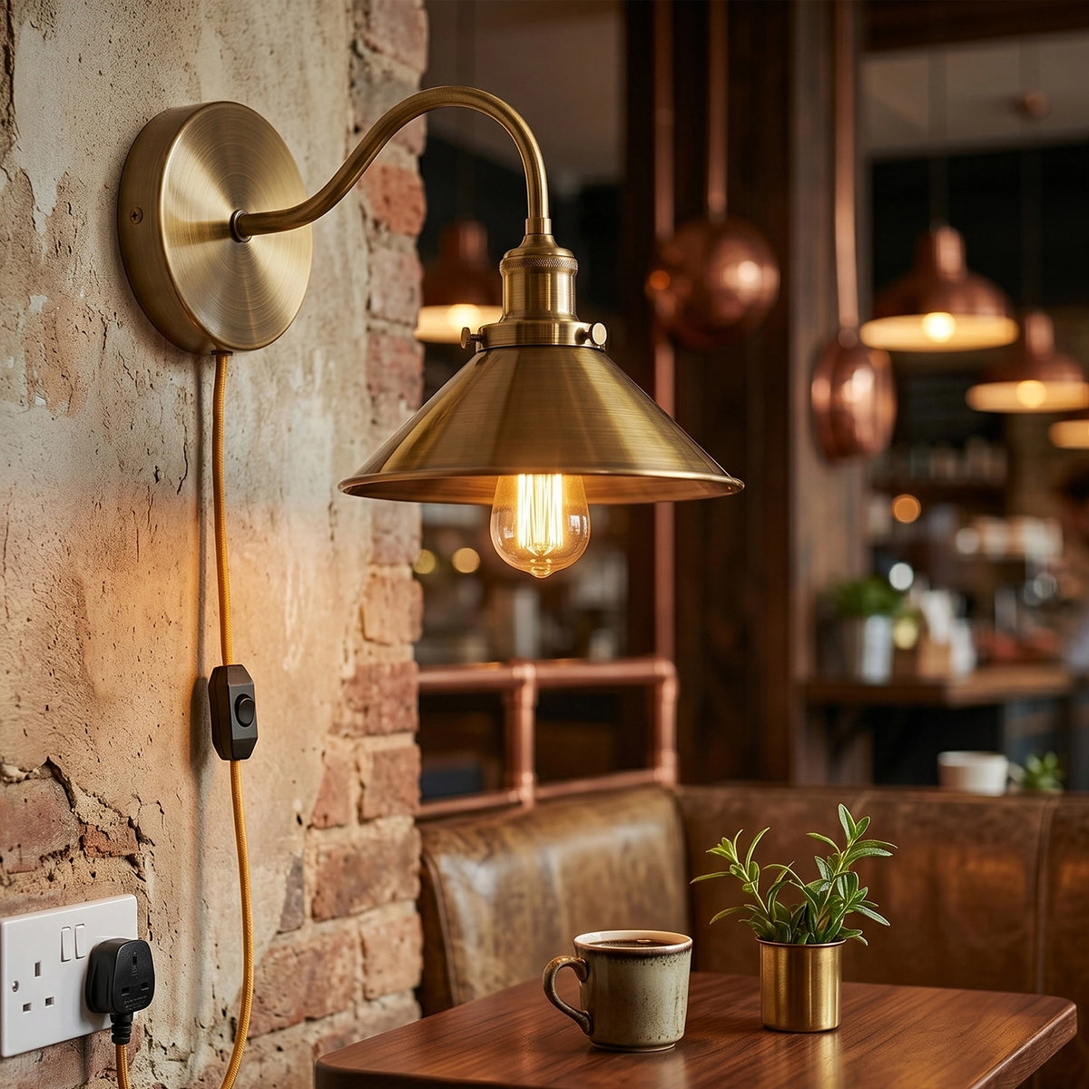 Gold wall-mounted lamp with a lit bulb in a cozy indoor setting.