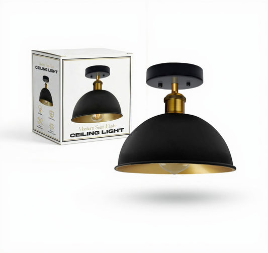 Vintage 21cm Black & Gold Dome Flush Ceiling Light E27 ~6505