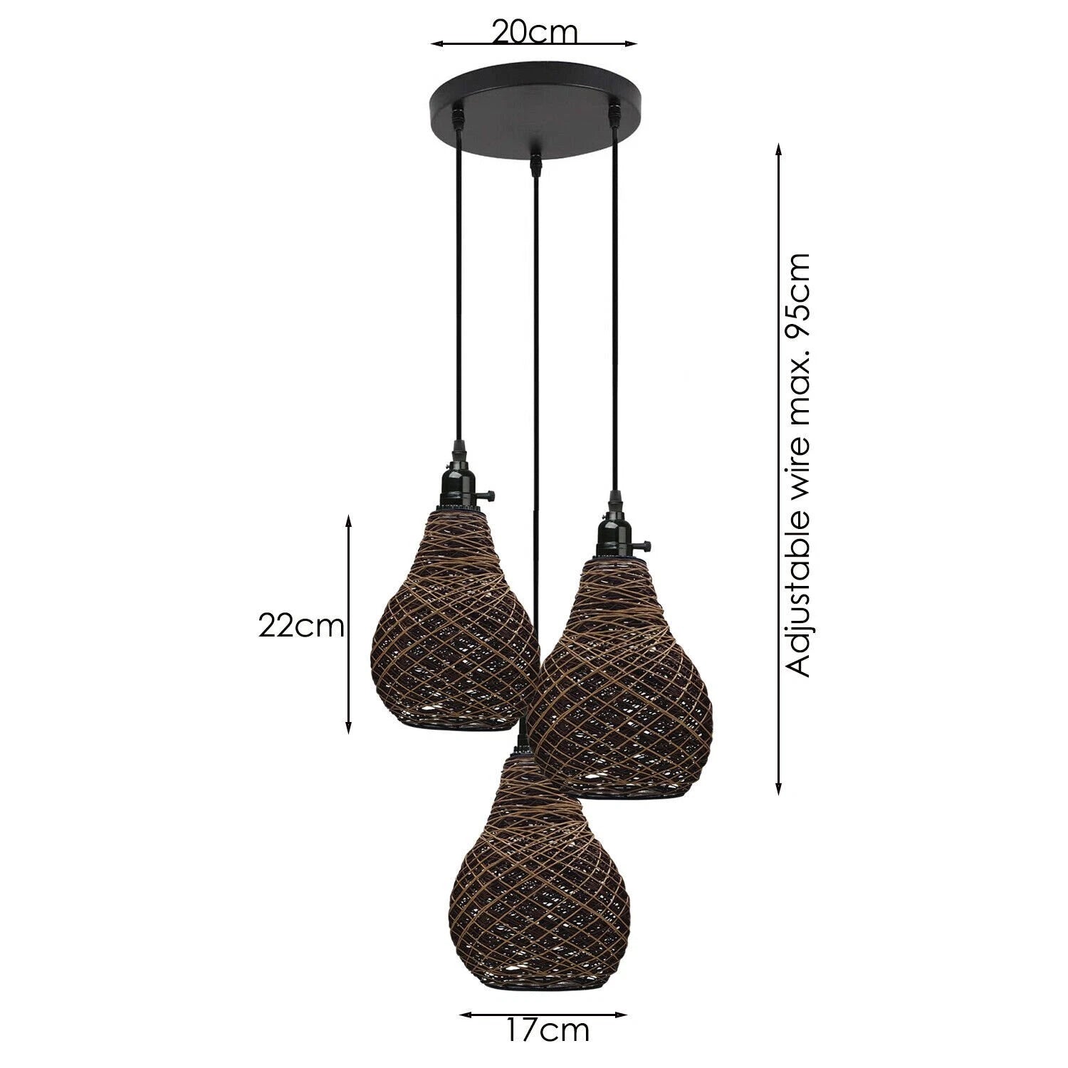 A set of three vase-shaped rattan wicker ceiling pendant lights with dimensions