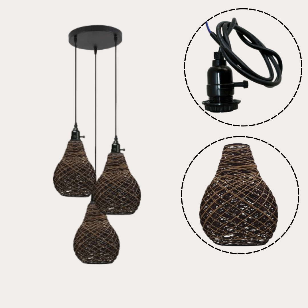 A set of three vase-shaped rattan wicker ceiling pendant lights with an exploded view showing a single light's components.