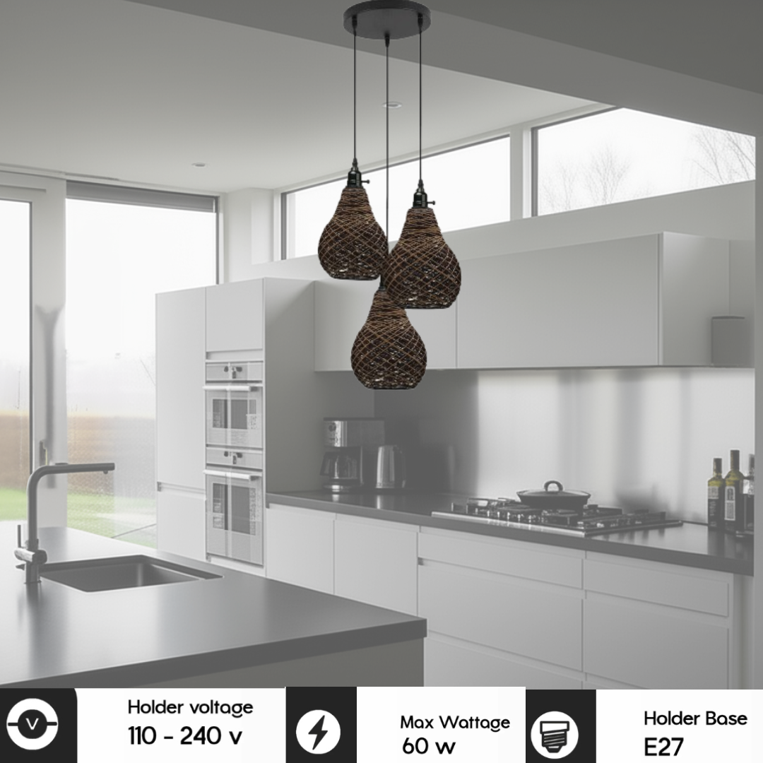  Three vase-shaped rattan wicker pendant lights hang over a modern kitchen island, with overlaid specifications