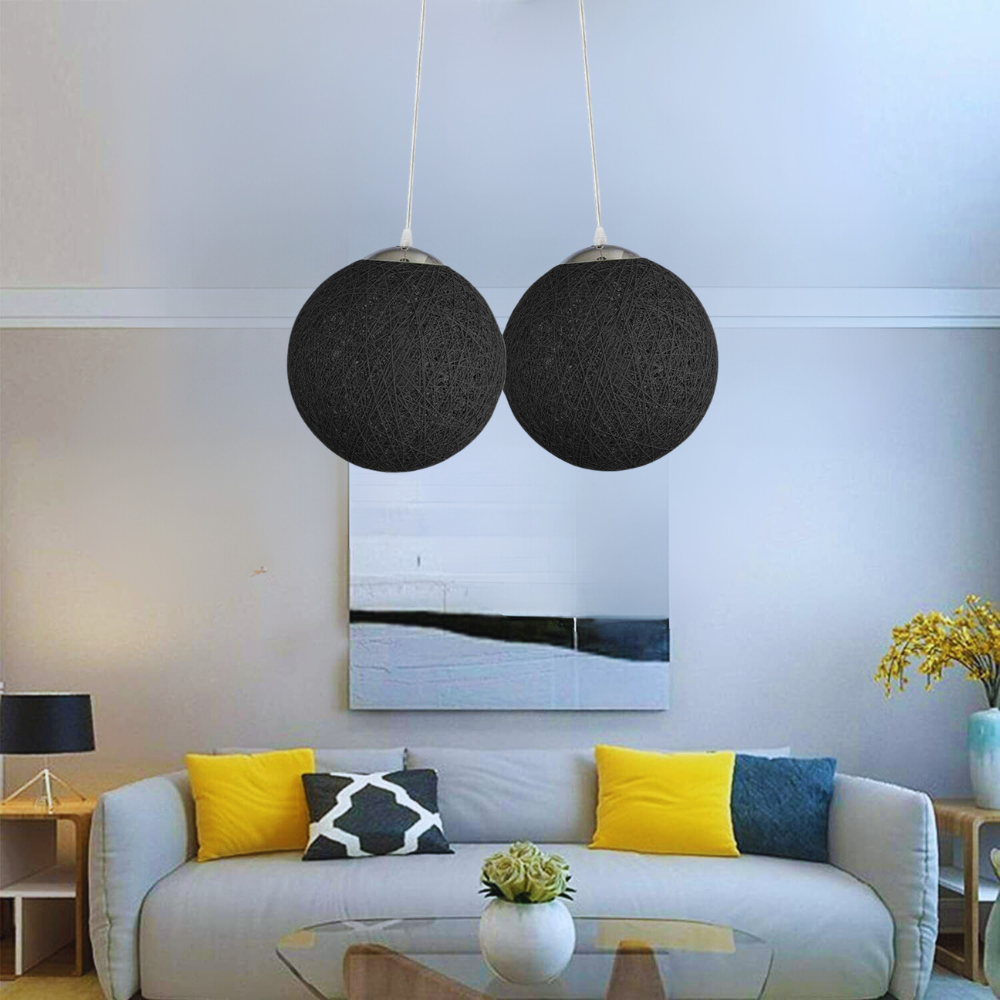 Black rattan pendant light, 2 head wicker lampshade, E27 globe pendant, woven ball ceiling fixture, bohemian black light shade
