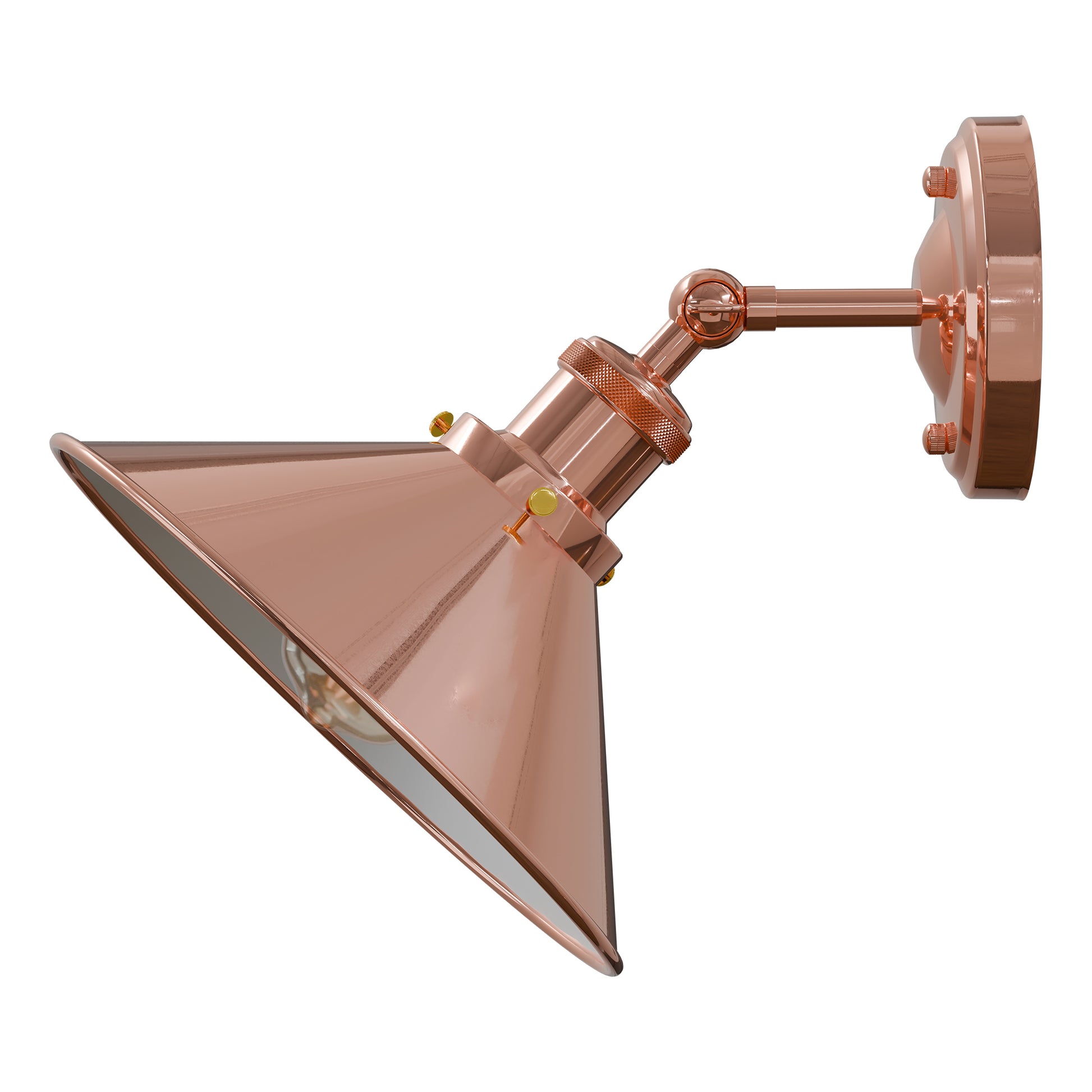  A close-up view of a rose gold industrial metal wall light sconce with an adjustable arm and a cone-shaped shade.