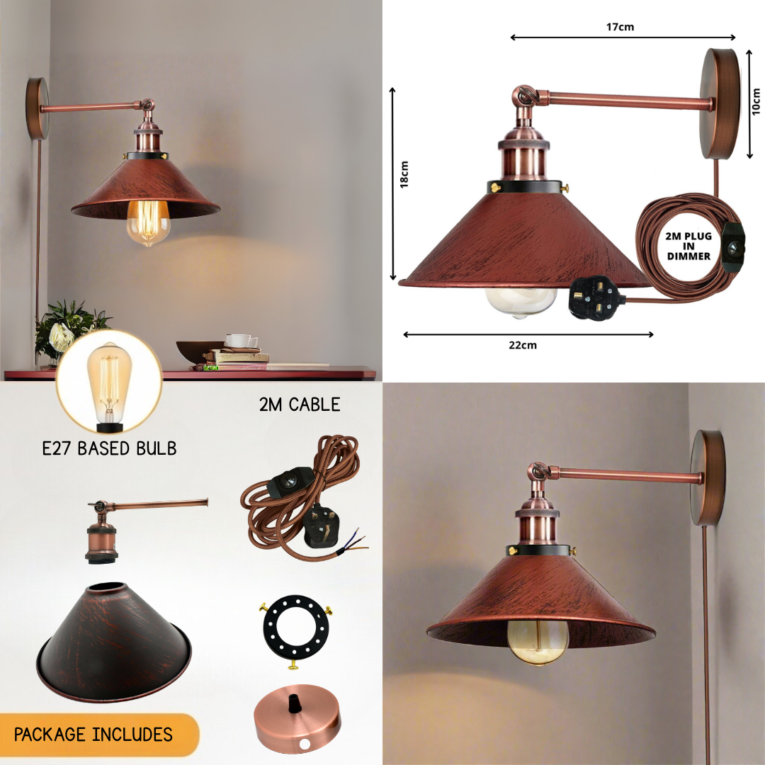 Wall-mounted lamp with copper finish and wooden shade, including bulb and cable details.