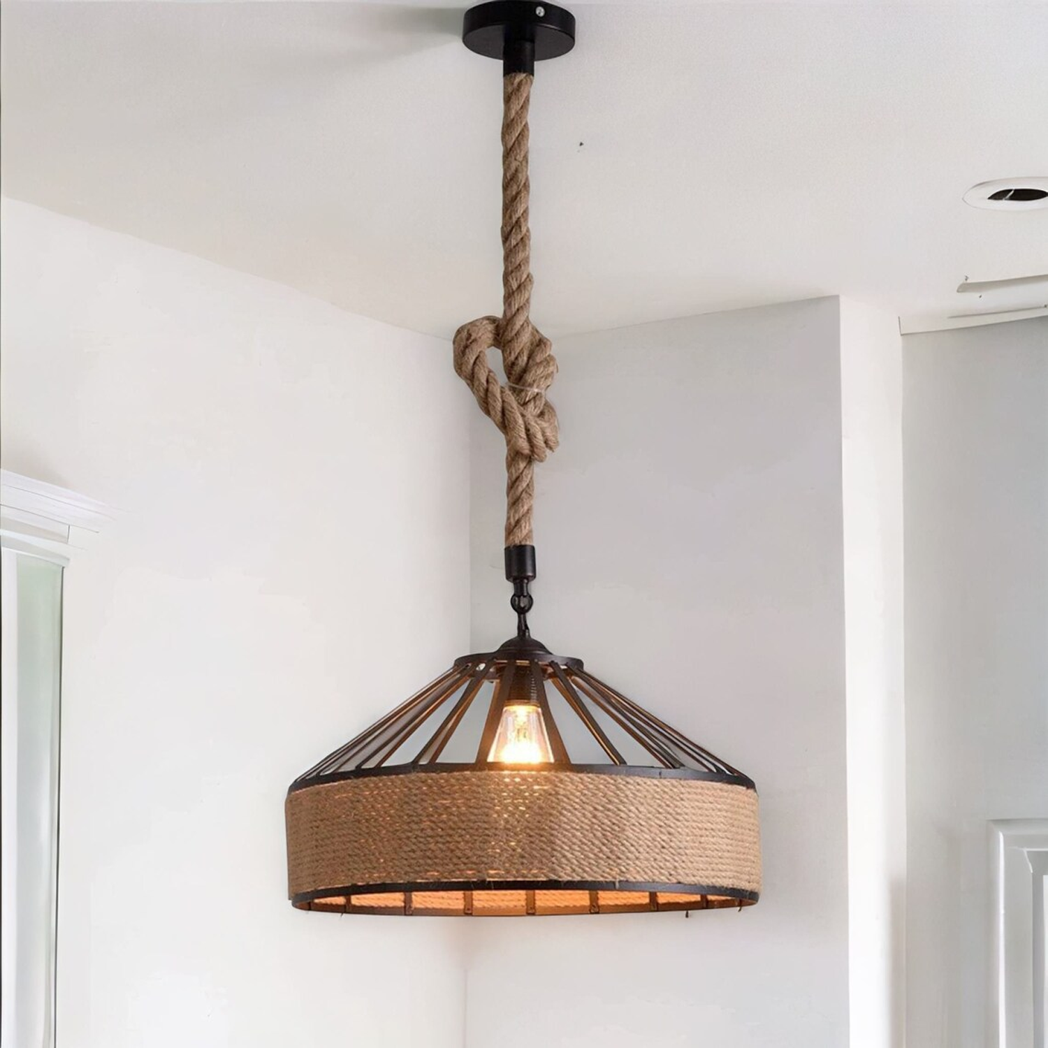 Rustic industrial hemp rope pendant ceiling light with metal cage and adjustable hemp rope.