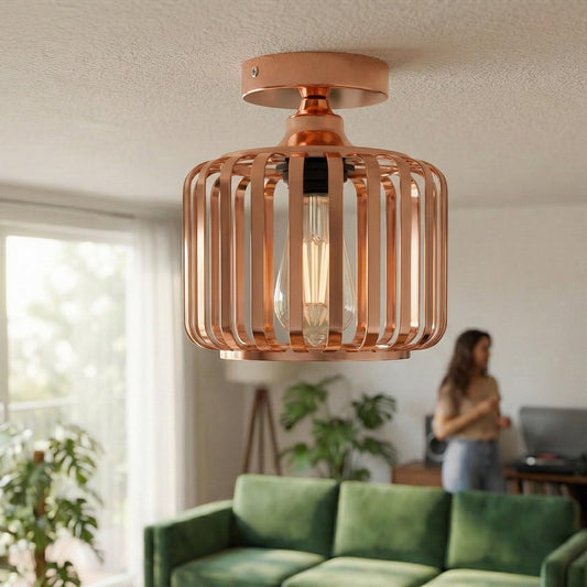 modern industrial Show the light installed in a stylish, modern kitchen above an island, or in a cozy hallway, demonstrating how the open cage casts shadows
