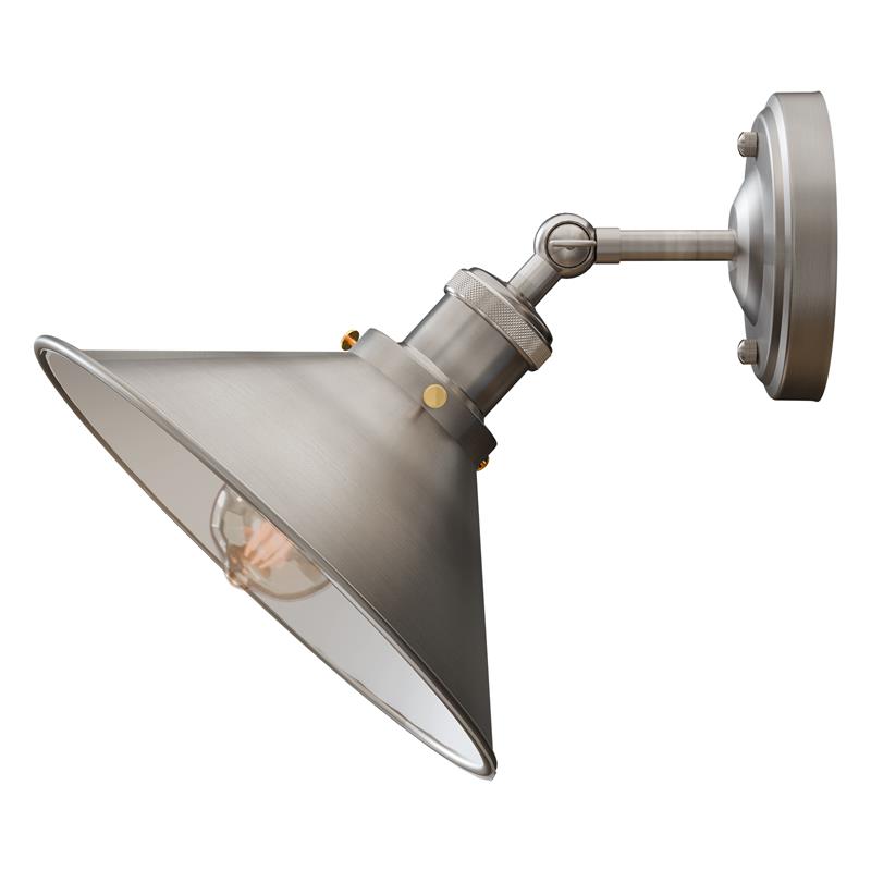 A silver-toned industrial metal wall light sconce with an adjustable arm and a cone-shaped shade, featuring a visible light bulb inside.