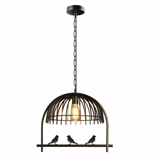 An industrial black bird cage ceiling chandelier with a chain suspension