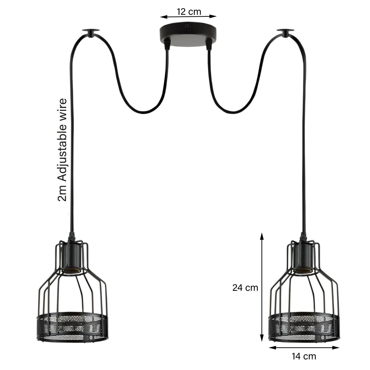 Dimensions Diagram | Spider pendant light dimensions – 12cm ceiling rose, 24cm cage height, 2m cable